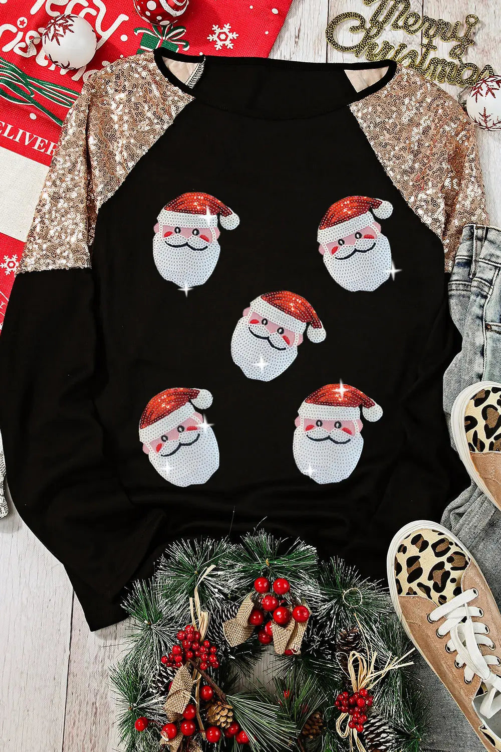 Santa Sequin Long Sleeve Round Neck Top - Fashorio