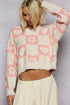POL V-Neck Heart Pattern Checkered Sweater - Fashorio
