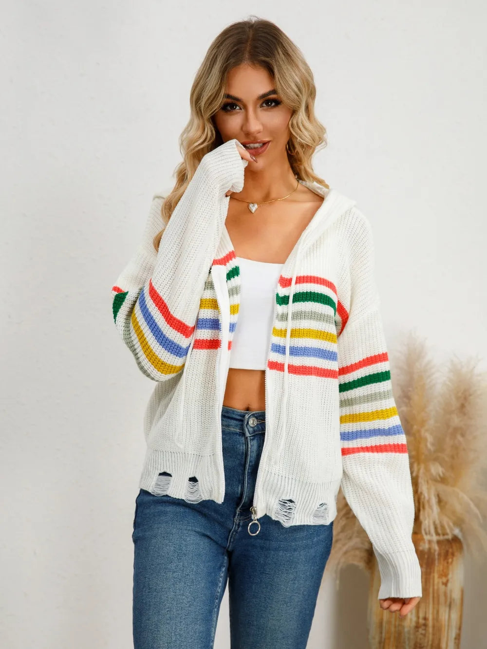 Drawstring Striped Dropped Shoulder Hooded Cardigan - Fashorio