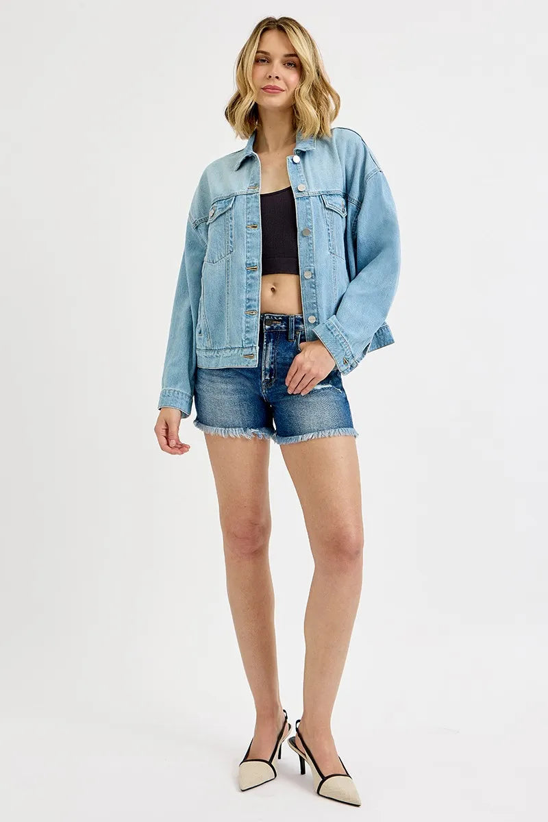 RISEN Washed Dropped Shoulder Denim Jacket - Fashorio