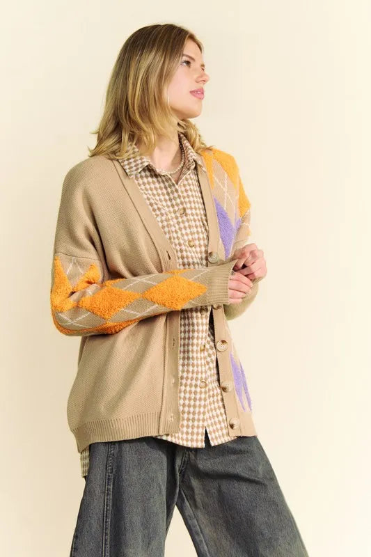 Davi & Dani Argyle V-Neck Dropped Shoulder Cardigan - Fashorio
