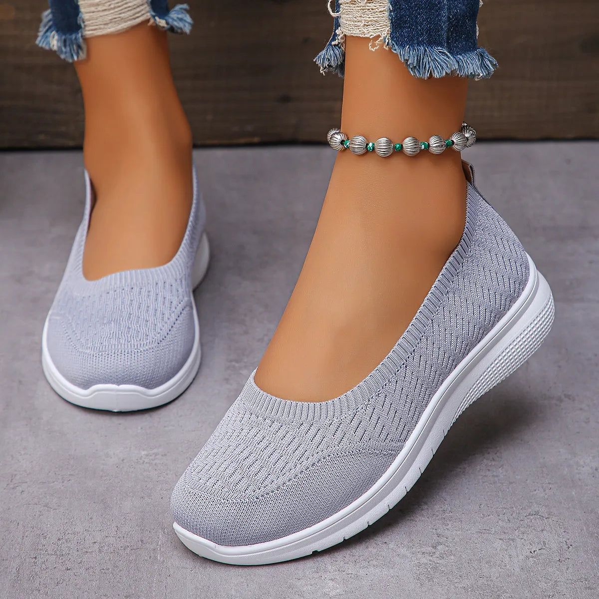 Round Toe Mesh Slip-Ons Light Gray - Fashorio