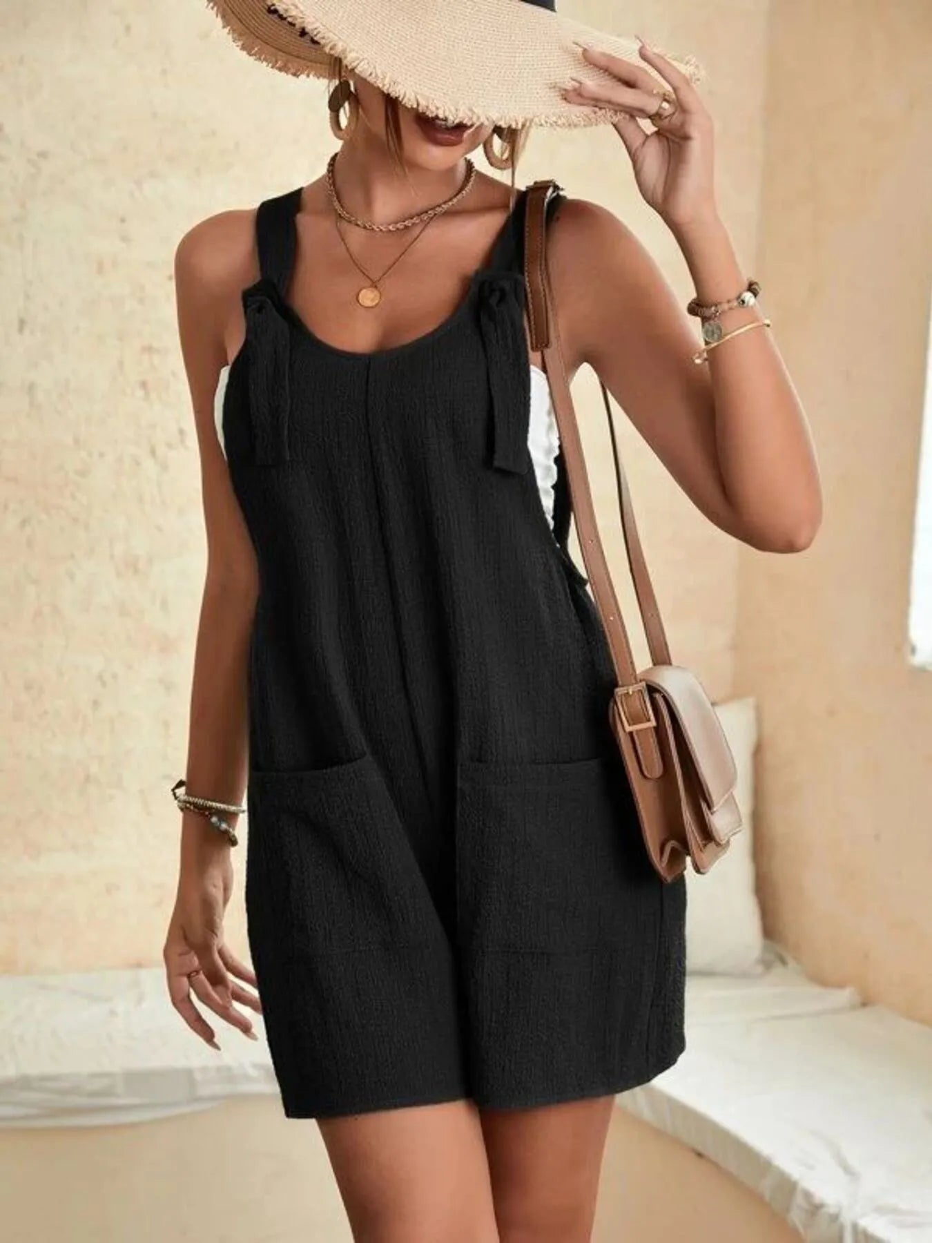 Full Size Knot Strap Romper with Pockets Plus Size - Fashorio