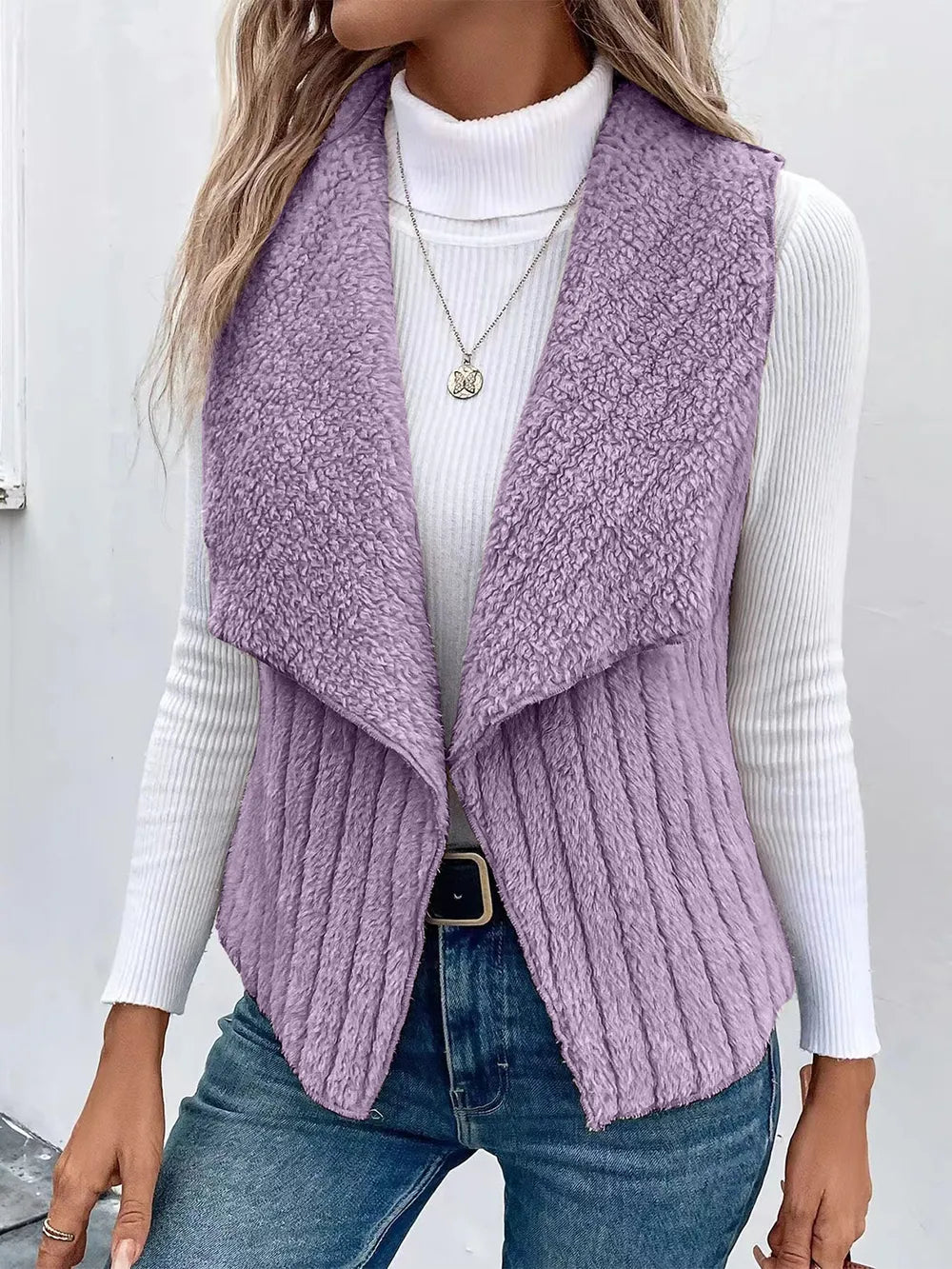 Open Front Fuzzy Vest Coat Lilac - Fashorio