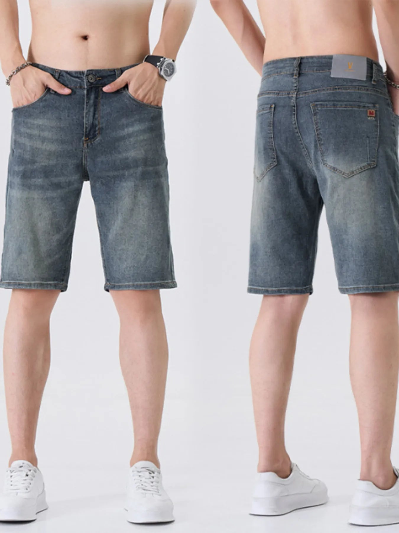 Men's Washed Denim Shorts with Pockets - Fashorio