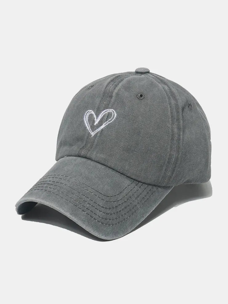 Embroidered Heart Washed Cotton Baseball Cap Gray One Size - Fashorio