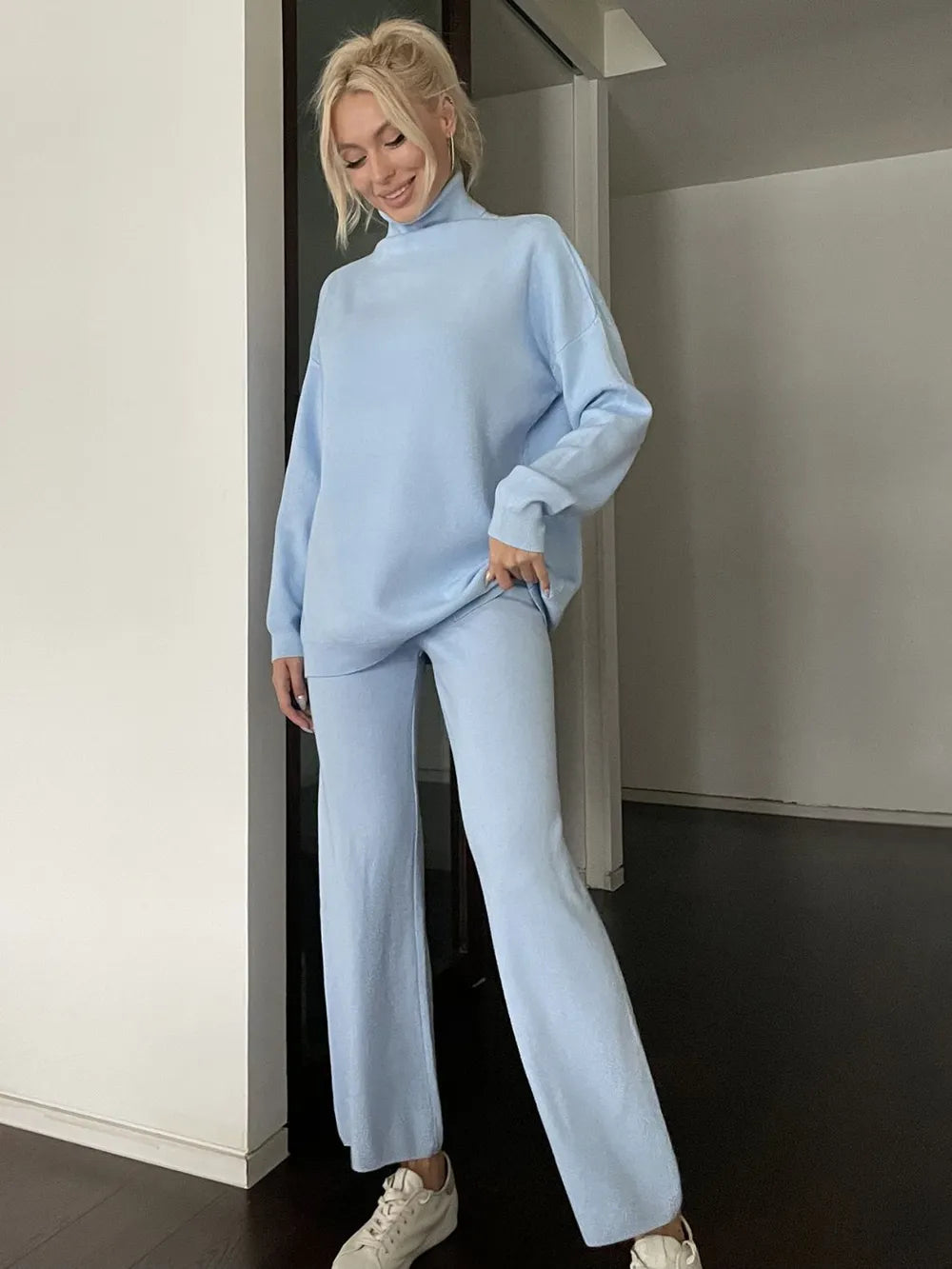 Turtleneck Long Sleeve Top and Drawstring Pants Sweater Set - Fashorio