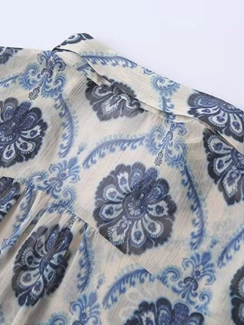 Printed Button Up Long Sleeve Dress - Fashorio