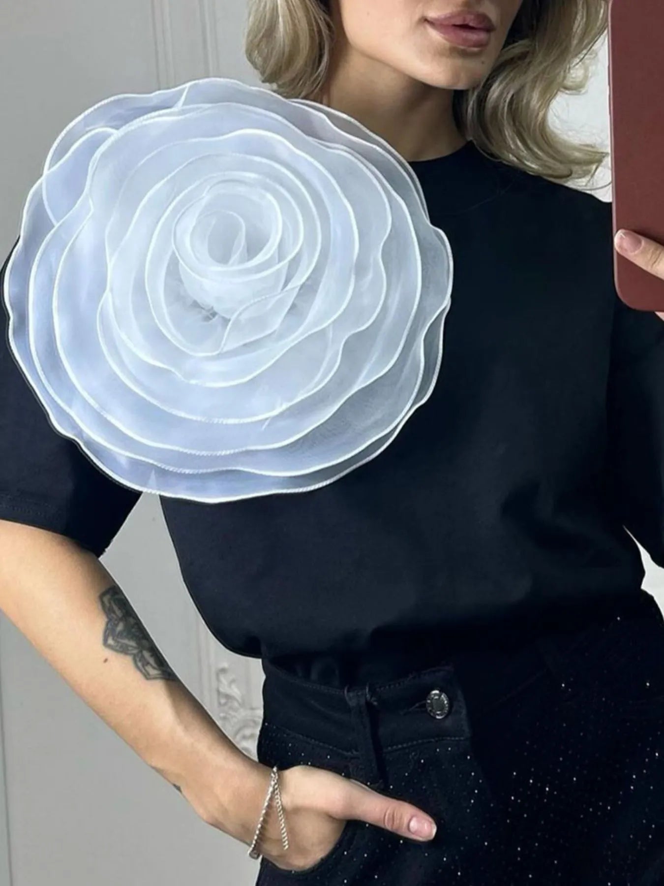 Flower Round Neck Short Sleeve T-Shirt - Fashorio