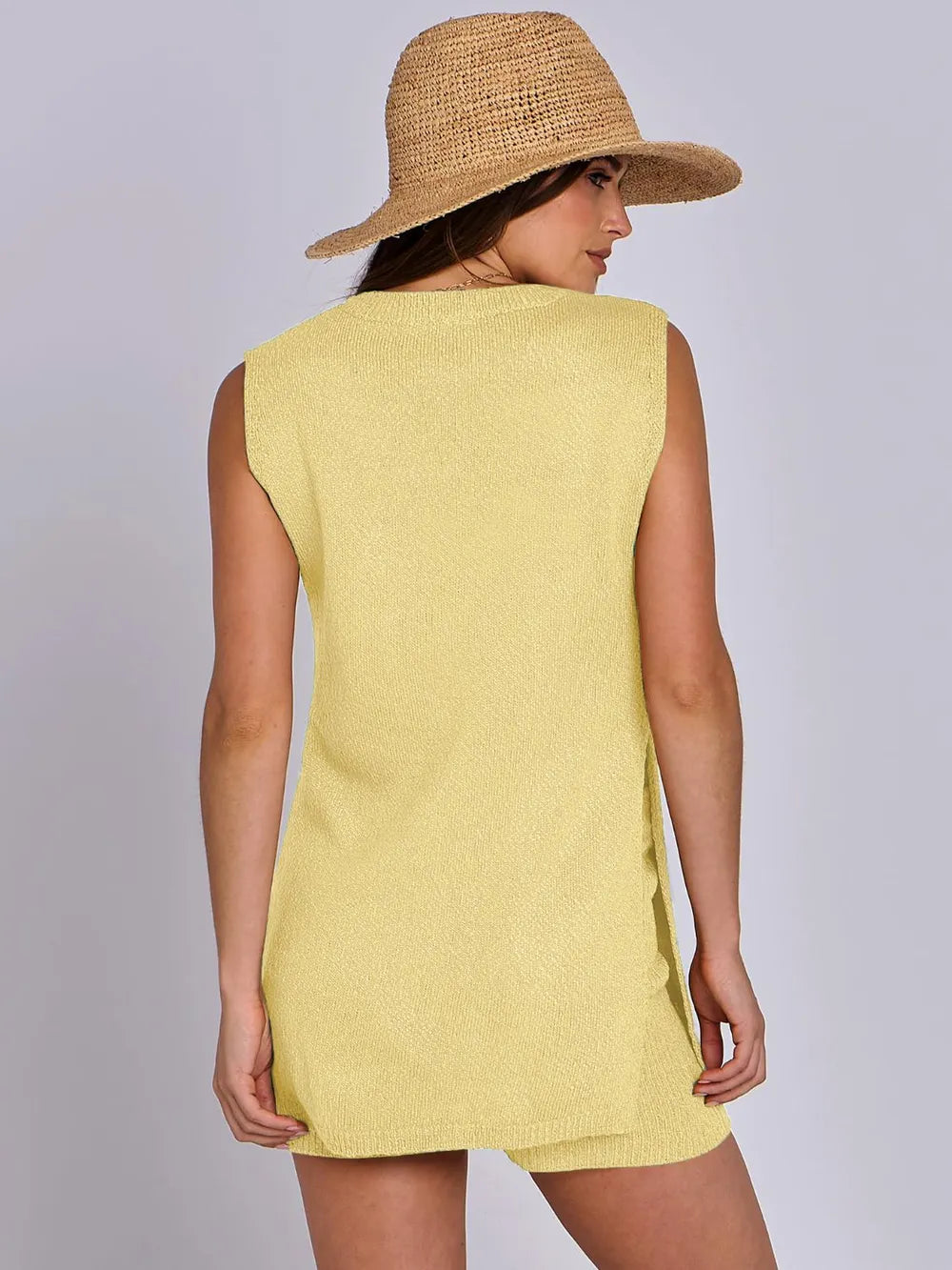 Side Slit Round Neck Tank and Ribbed Shorts Sweater Set - Fashorio