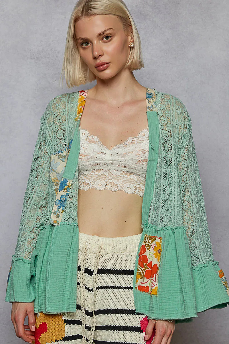 POL Lace Ruffled Hem Open Front Cardigan - Fashorio