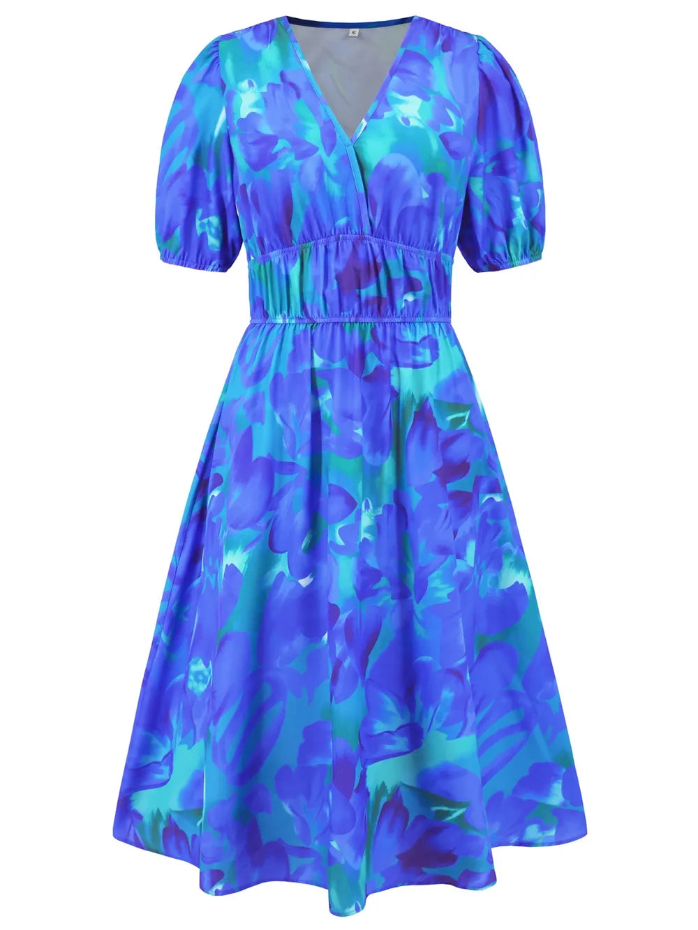 Ruched Printed Surplice Short Sleeve Dress - Fashorio