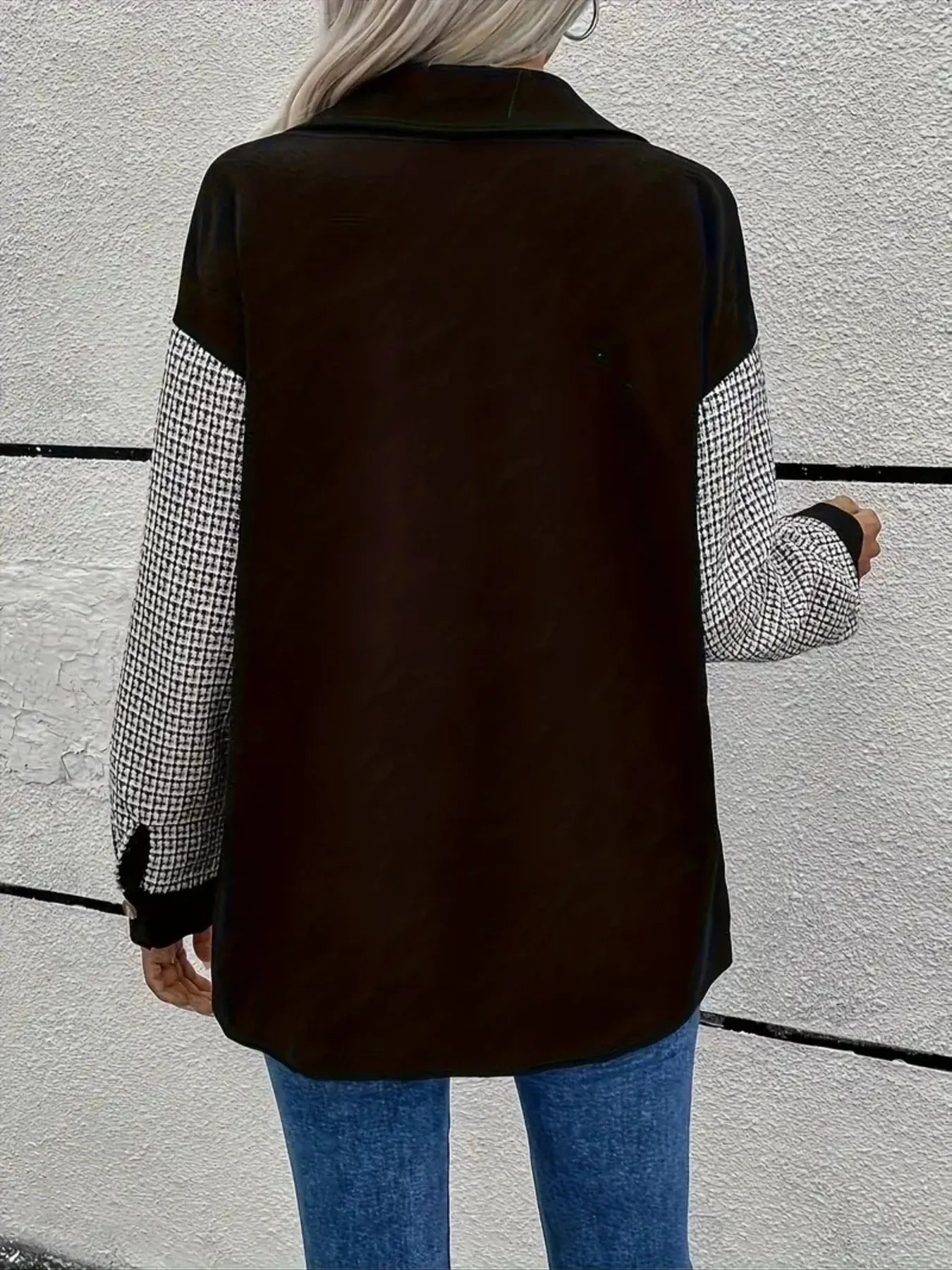 Houndstooth Contrast Button-Up Oversized Jacket - Fashorio
