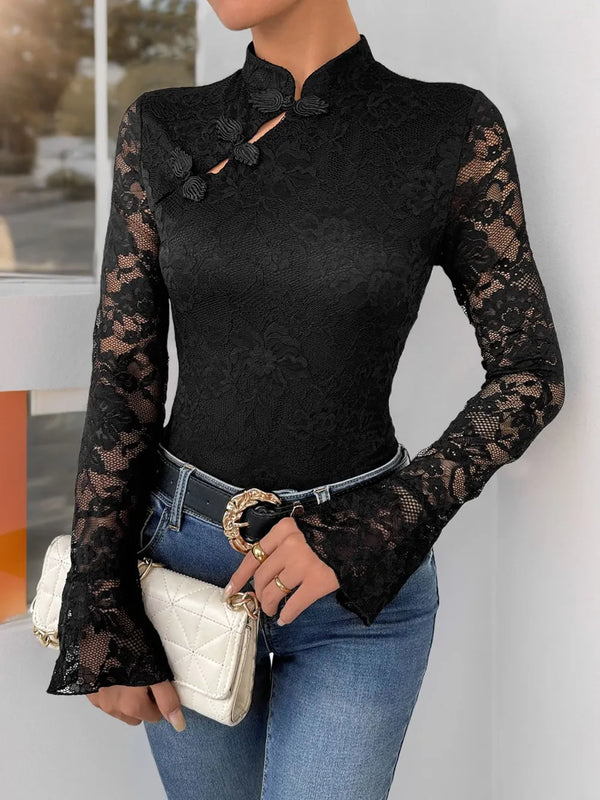 Perfee Lace Mock Neck Long Sleeve Bodysuit Black - Fashorio