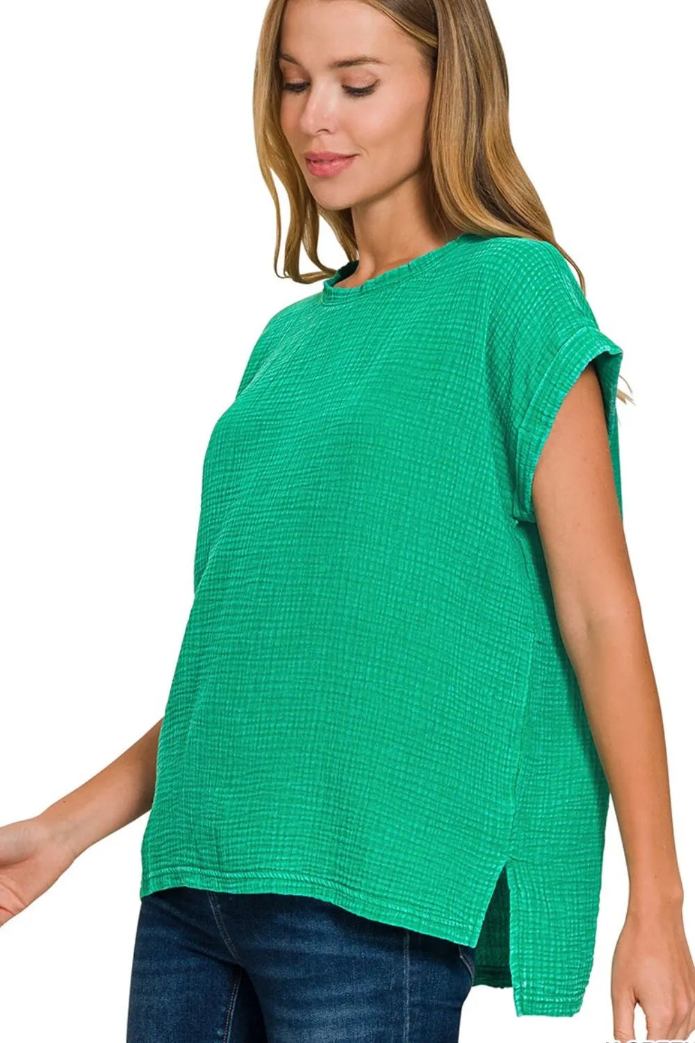 Zenana Woven Double Gauze Acid Washed Short Sleeve Top - Fashorio