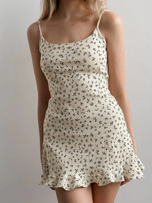 Floral Print Ruffle Hem Cami Lounge Dress Beige - Fashorio