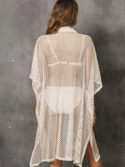 Sheer Mesh Button Up Cover Up - Fashorio