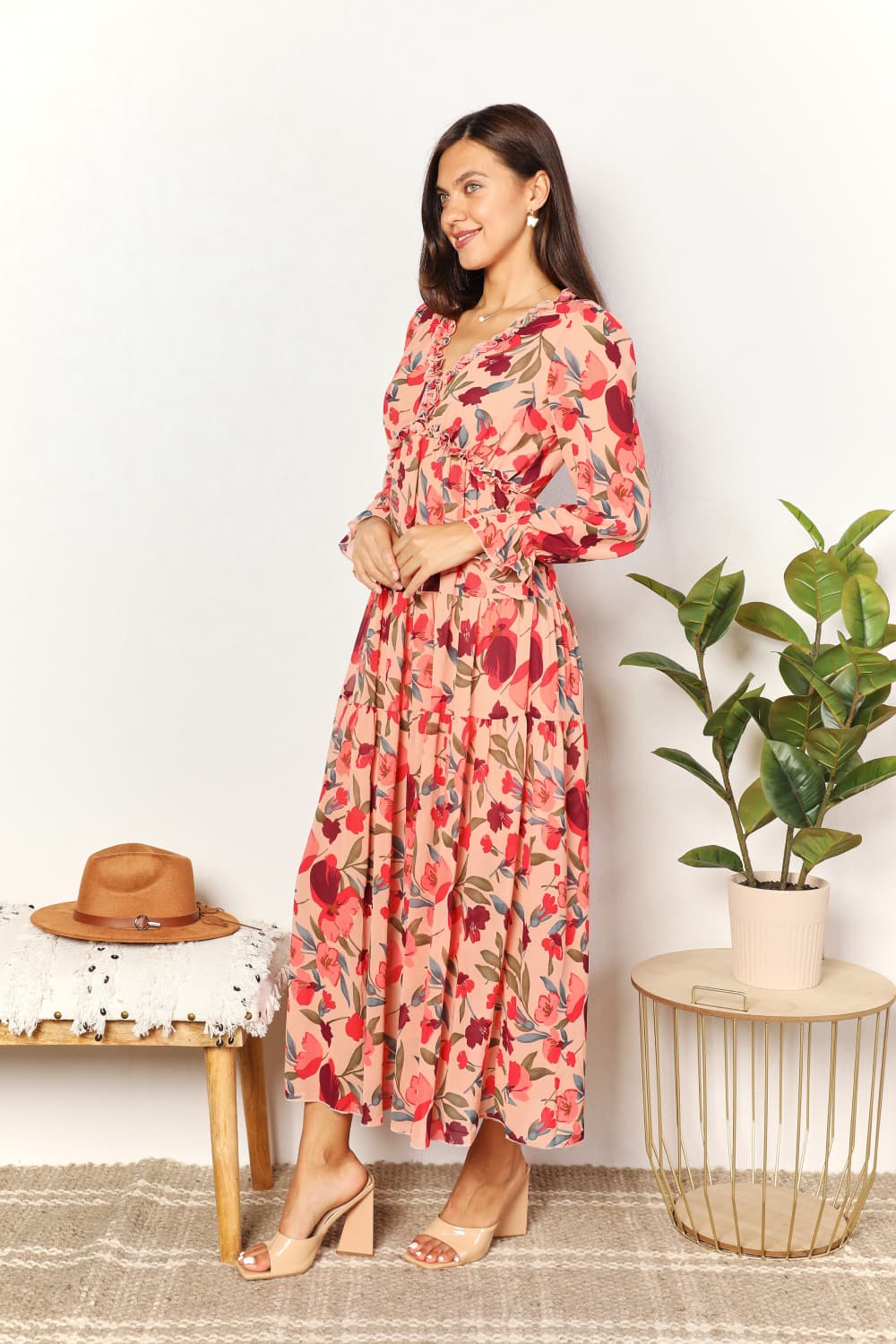 Double Take Floral Frill Trim Flounce Sleeve Plunge Maxi Dress - Fashorio