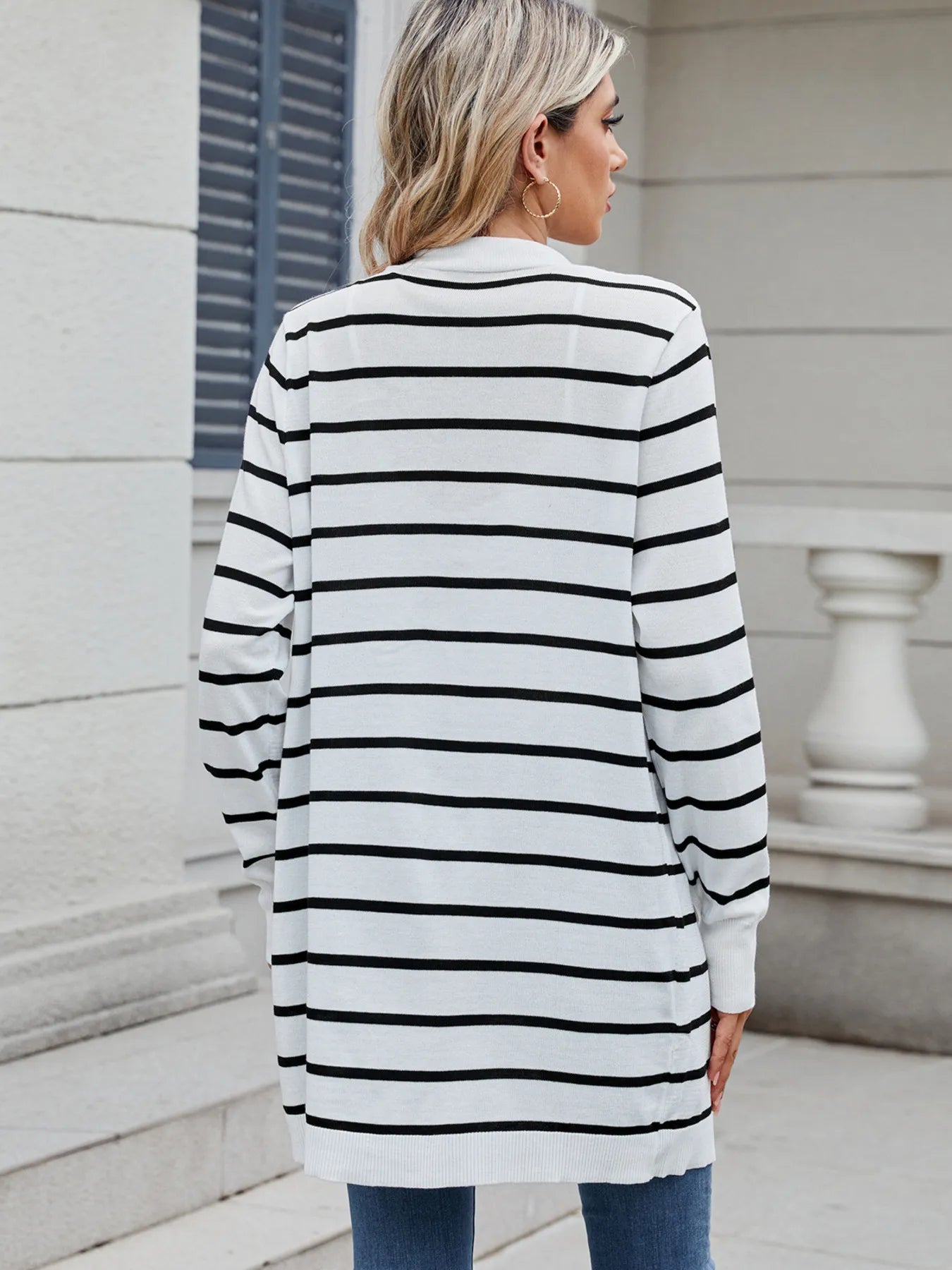Striped Open Front Cardigan with Relaxed Fit - Fashorio