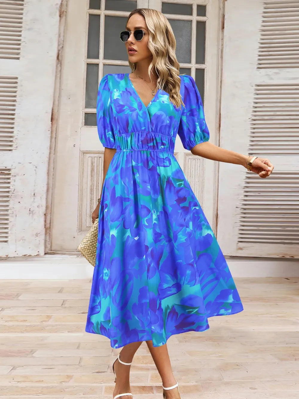 Ruched Printed Surplice Short Sleeve Dress Royal Blue - Fashorio