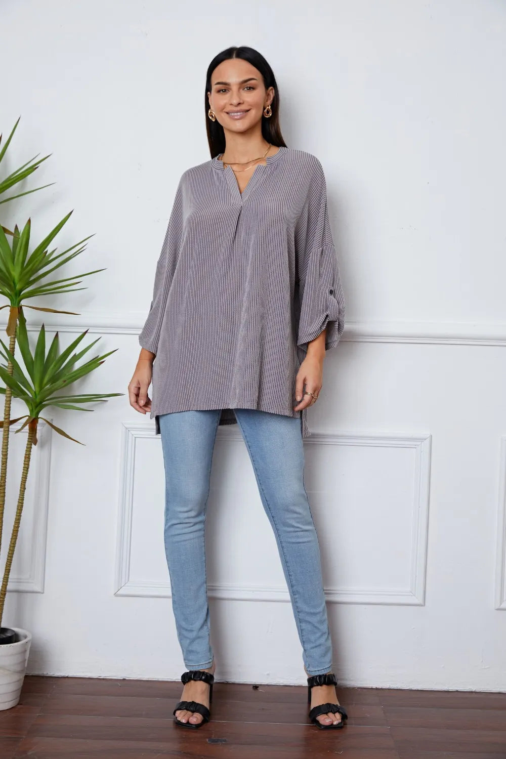 Notched Roll-Tab Sleeve Blouse - Fashorio