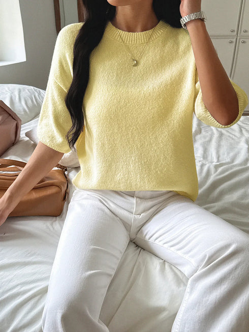 Ribbed Hem Round Neck Sweater - Fashorio