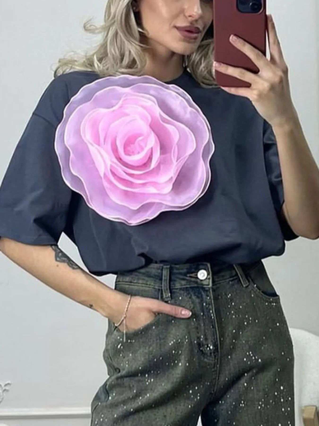 Flower Round Neck Short Sleeve T-Shirt - Fashorio