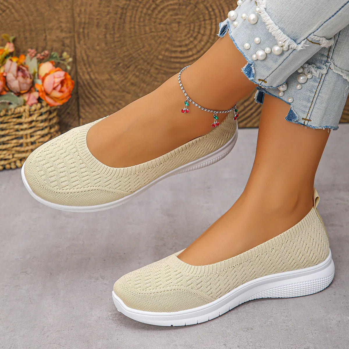 Round Toe Mesh Slip-Ons Ivory - Fashorio