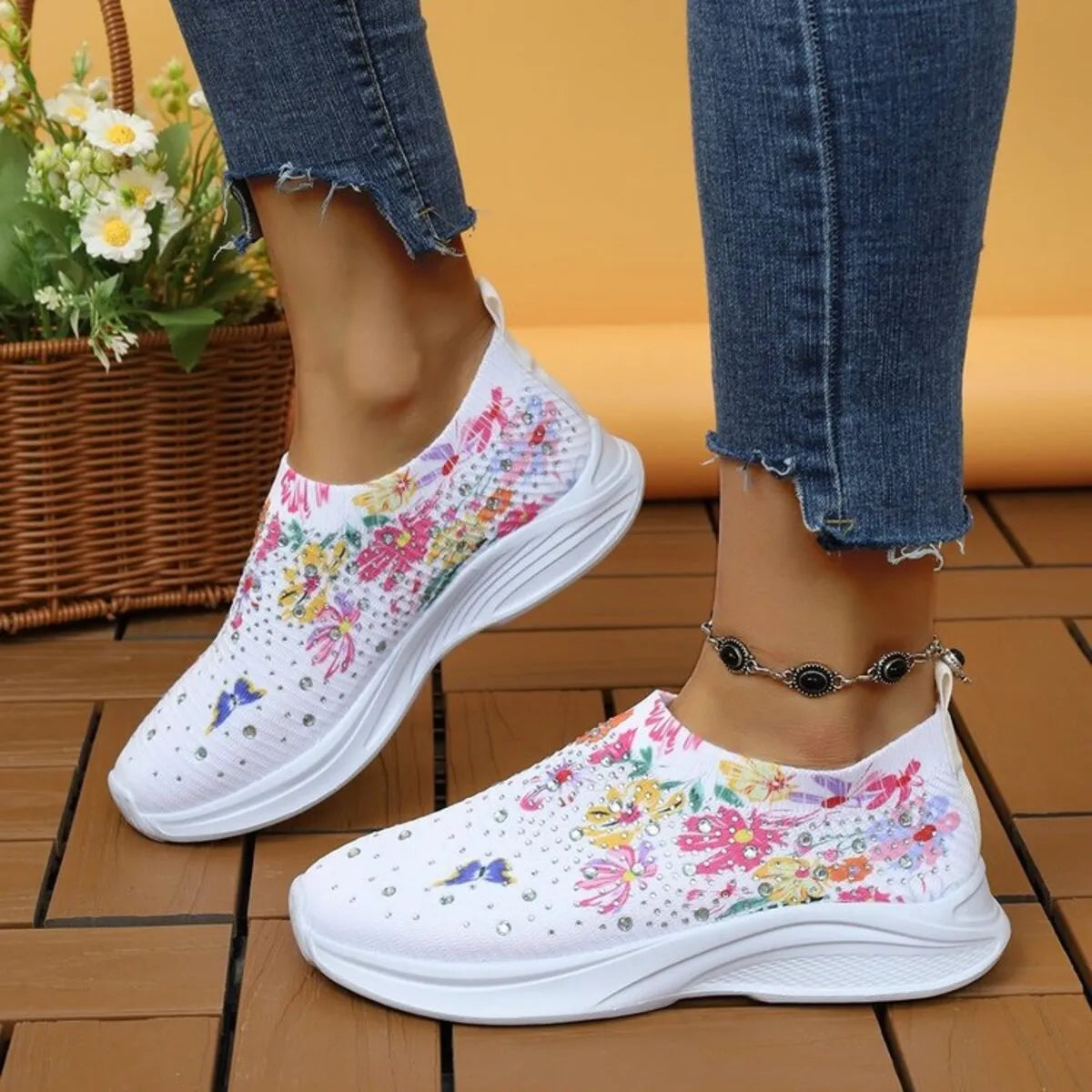 Rhinestone Floral Print Sneakers - Fashorio