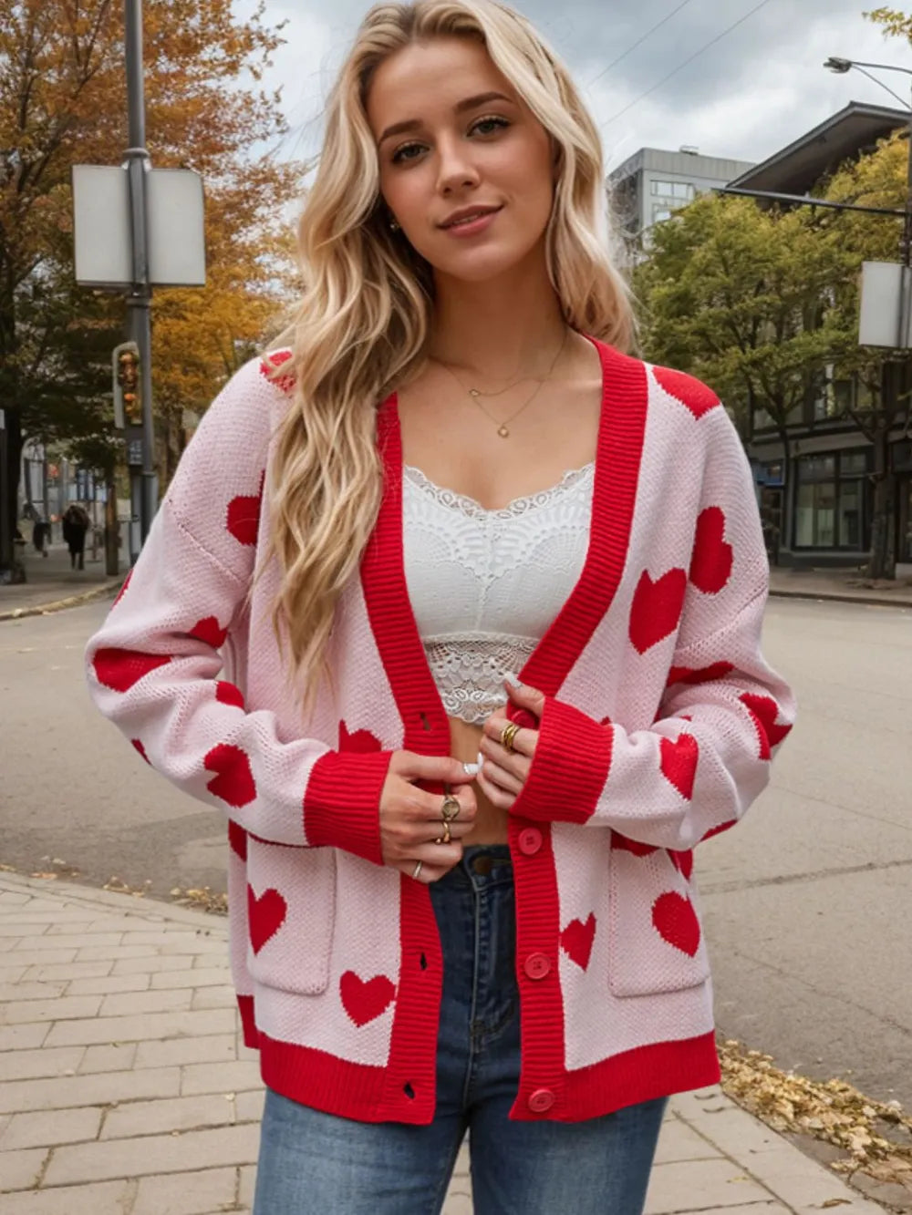 Heart Button Up Dropped Shoulder Long Sleeve Cardigan - Fashorio