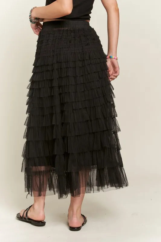 ADORA Elastic Waist Layered Mesh Midi Skirt - Fashorio