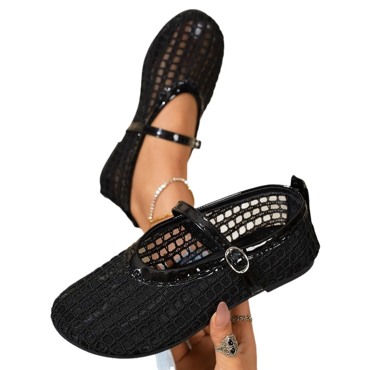 Woven Mesh Mary Jane Sandals with Buckle Strap - Fashorio