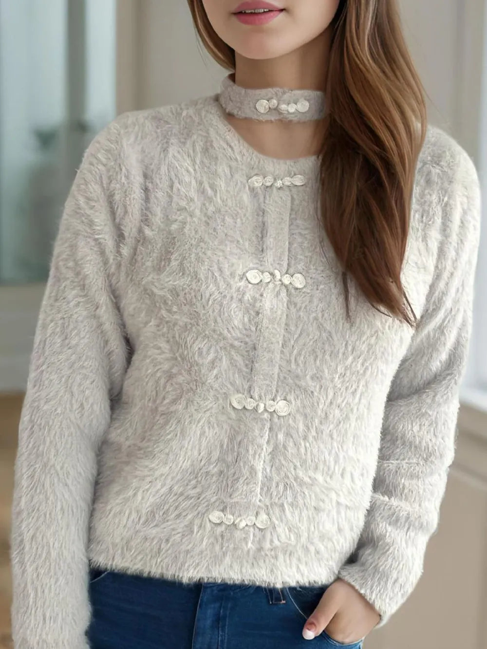 Cutout Knot Button Long Sleeve Cardigan - Fashorio