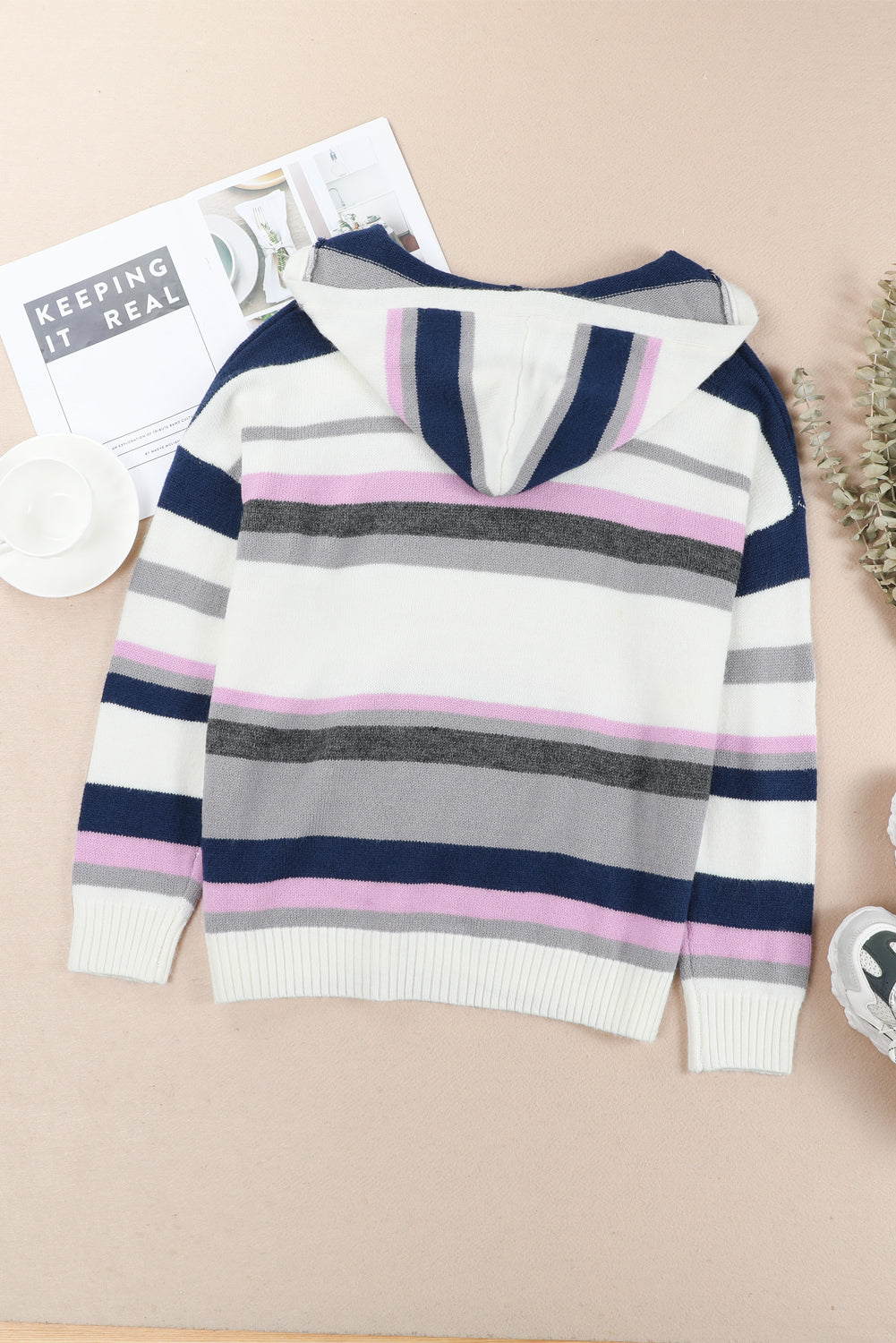 Plus Size Striped Long Sleeve Hooded Sweater - Fashorio