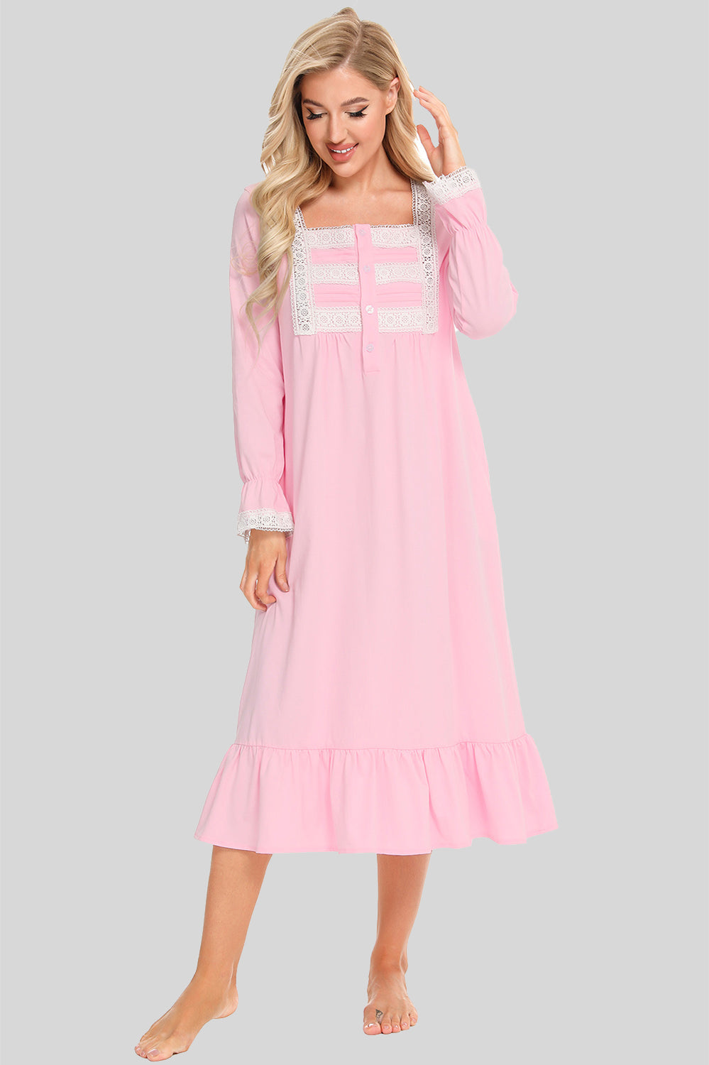 Lace Detail Square Neck Flounce Sleeve Night Dress Dusty Pink - Fashorio