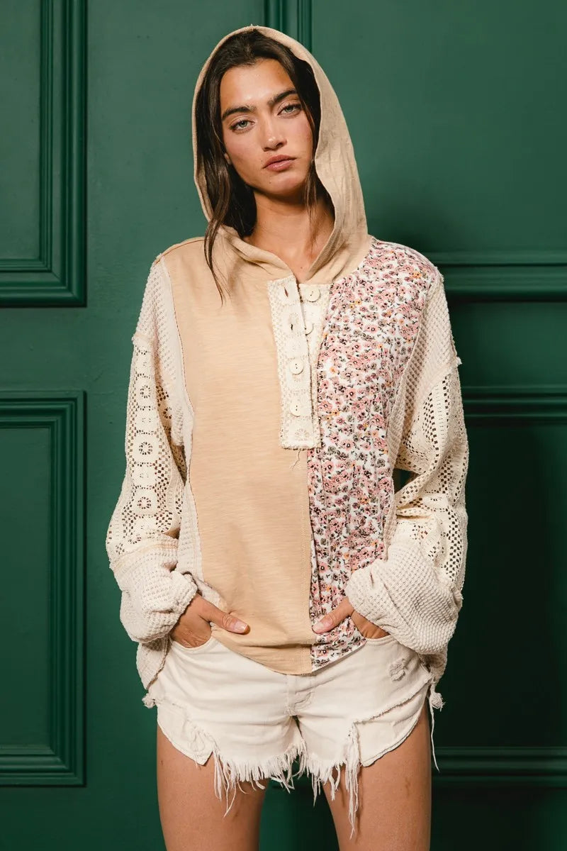 BiBi Slub Jersey with Lace Combo Buttoned Hoodie Top - Fashorio