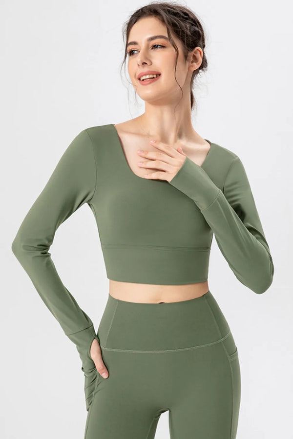 Square Neck Crisscross Active T-Shirt Matcha Green - Fashorio