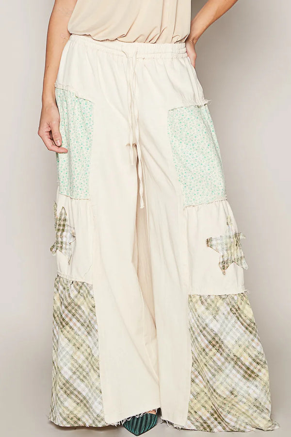 POL Drawstring Star Patch Contrast Wide Leg Pants Cream - Fashorio