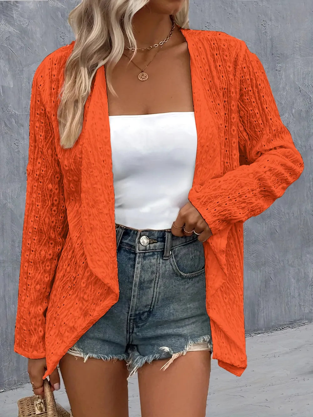 Eyelet Roll-Tab Sleeve Cardigan - Fashorio