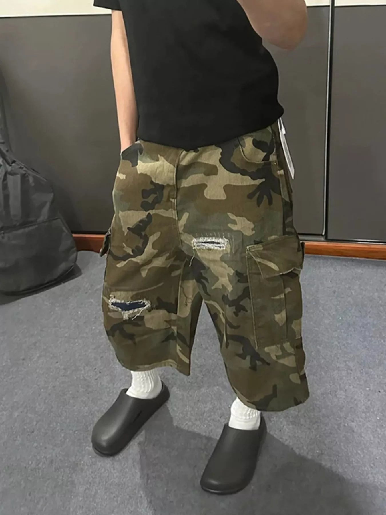Men's Full Size Camouflage Cargo Denim Shorts with Distressed Details Plus Size - Fashorio