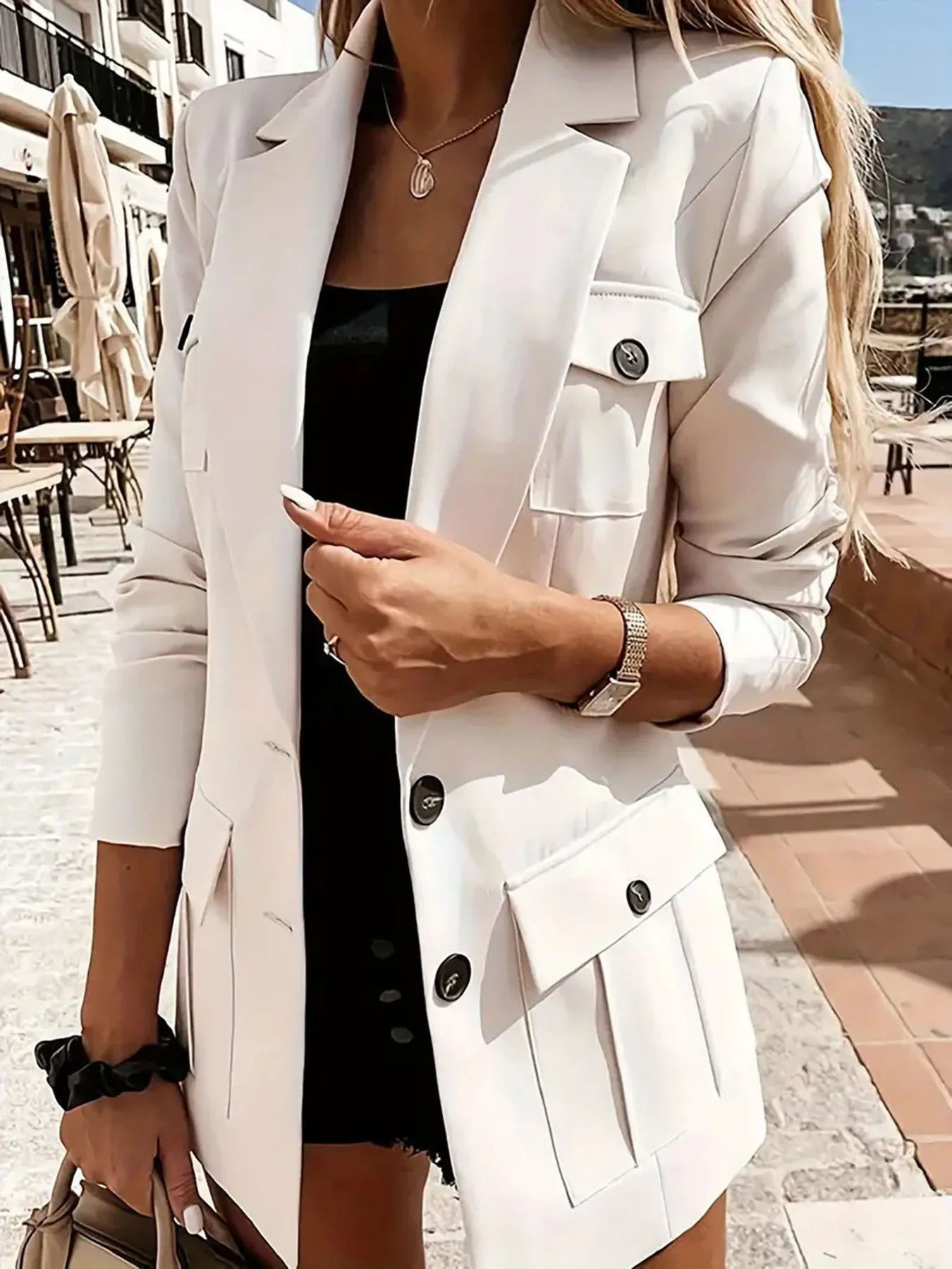 Lapel Collar Long Sleeve Blazer White - Fashorio
