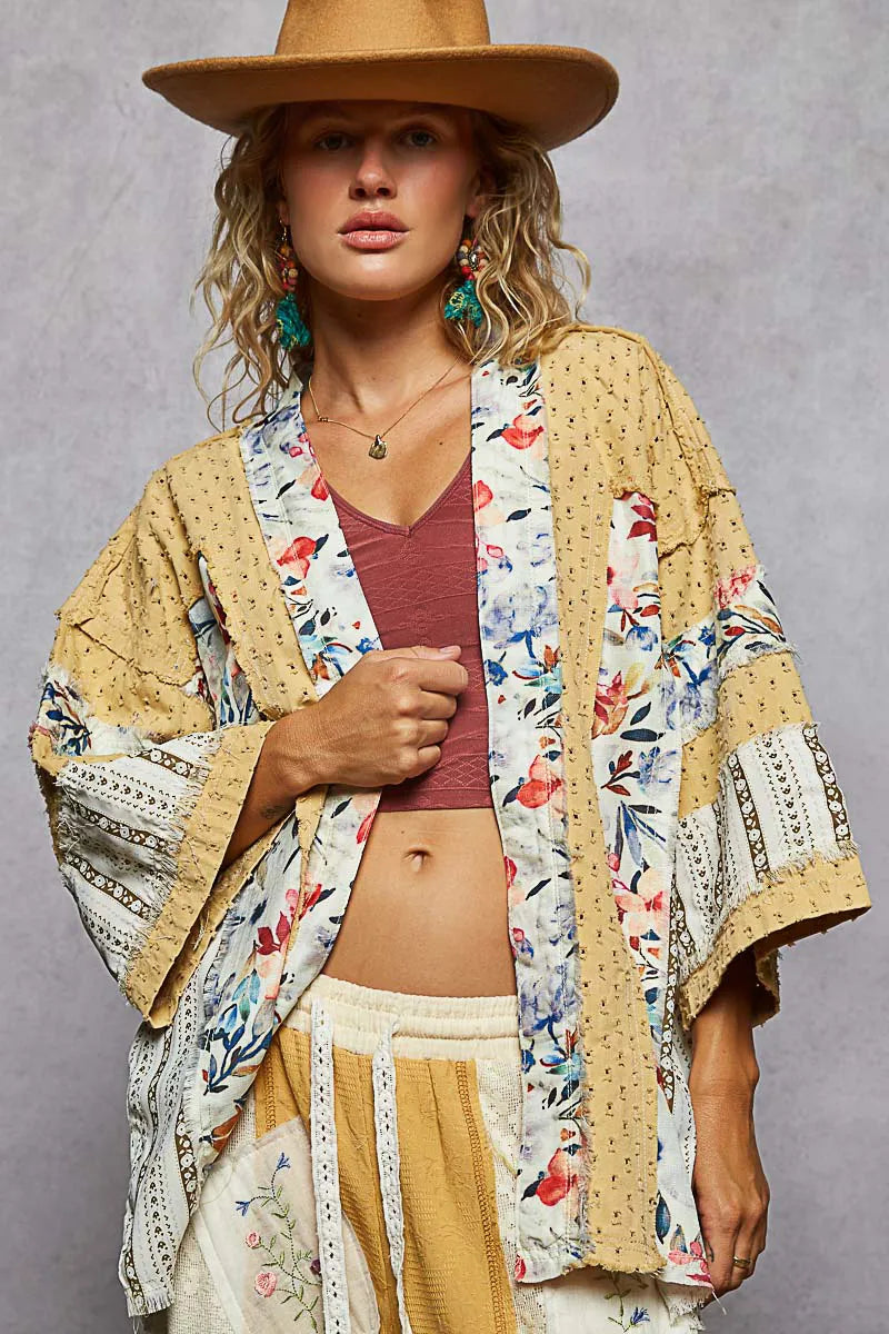 POL Raw Edge Open Front Patchwork Cardigan with Floral Trim - Fashorio
