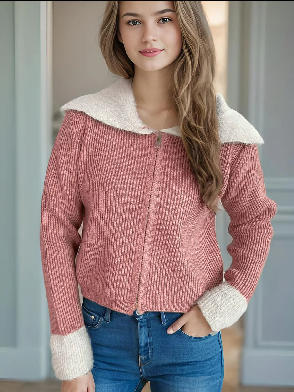 Zip Up Collared Neck Long Sleeve Cardigan Burnt Coral One Size - Fashorio