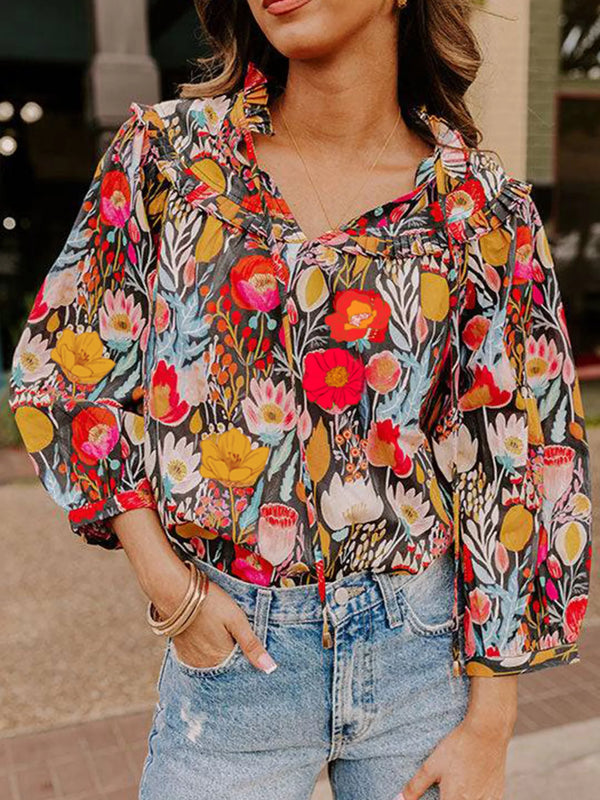 Floral 3/4 Puff Sleeve Tied Neck Blouse Floral - Fashorio