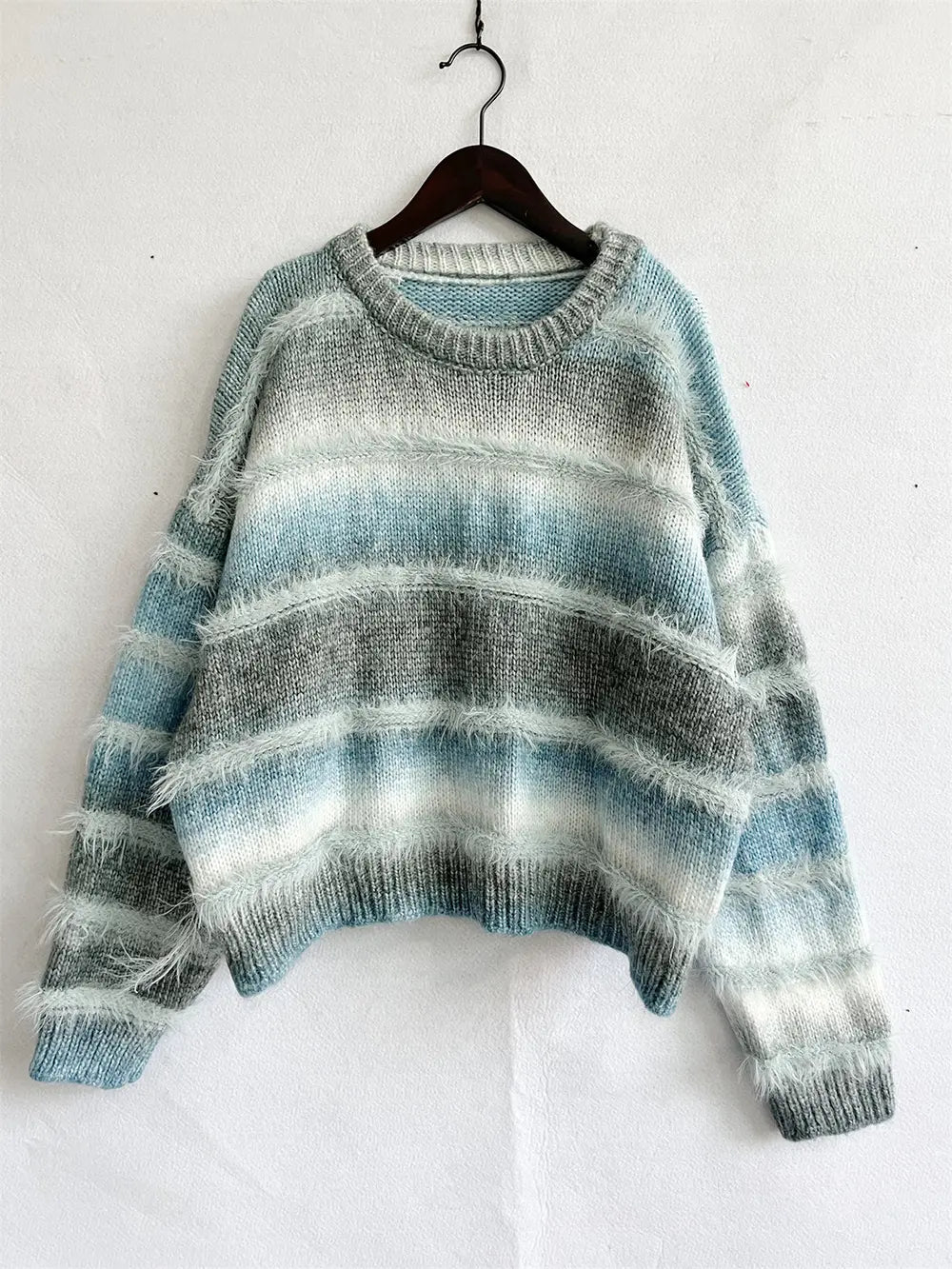 Striped Round Neck Long Sleeve Sweater - Fashorio