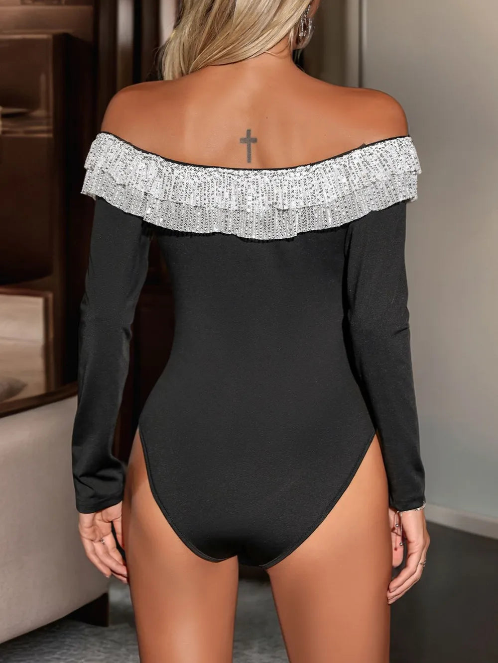 Perfee Sequin Ruffled Off-Shoulder Long Sleeve Bodysuit - Fashorio