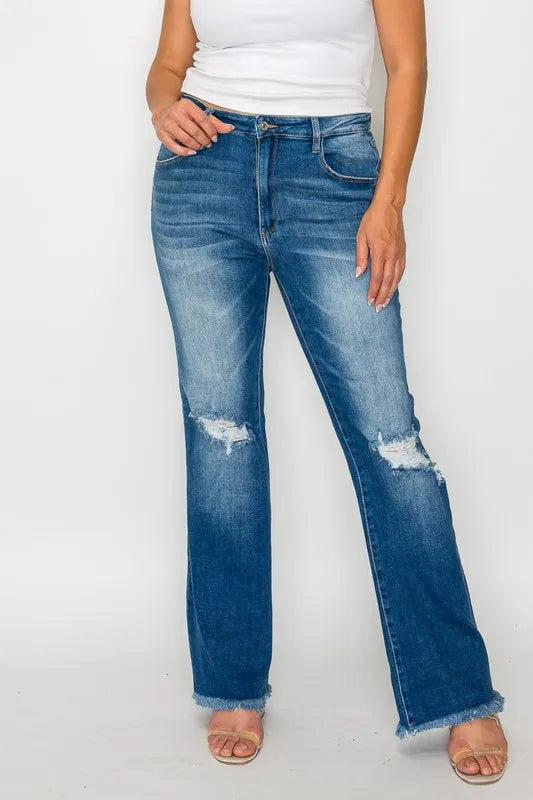bytos Full Size Raw Hem Distressed High Rise Bootcut Jeans - Fashorio