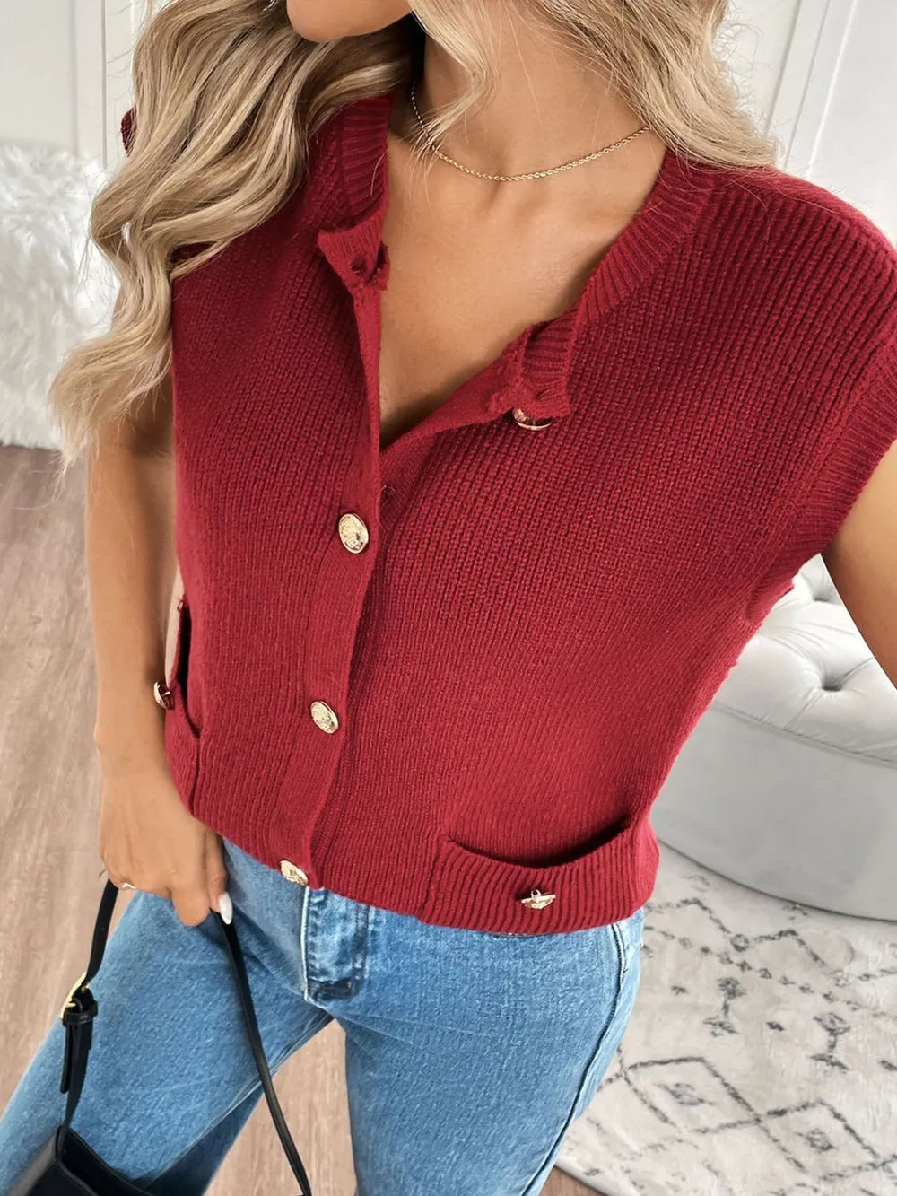 Perfee Pocketed Round Neck Cap Sleeve Cardigan - Fashorio