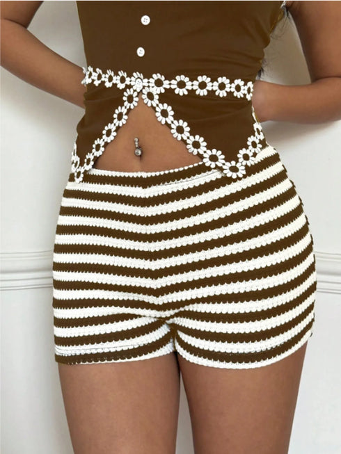 Striped High Waist Knit Shorts - Fashorio