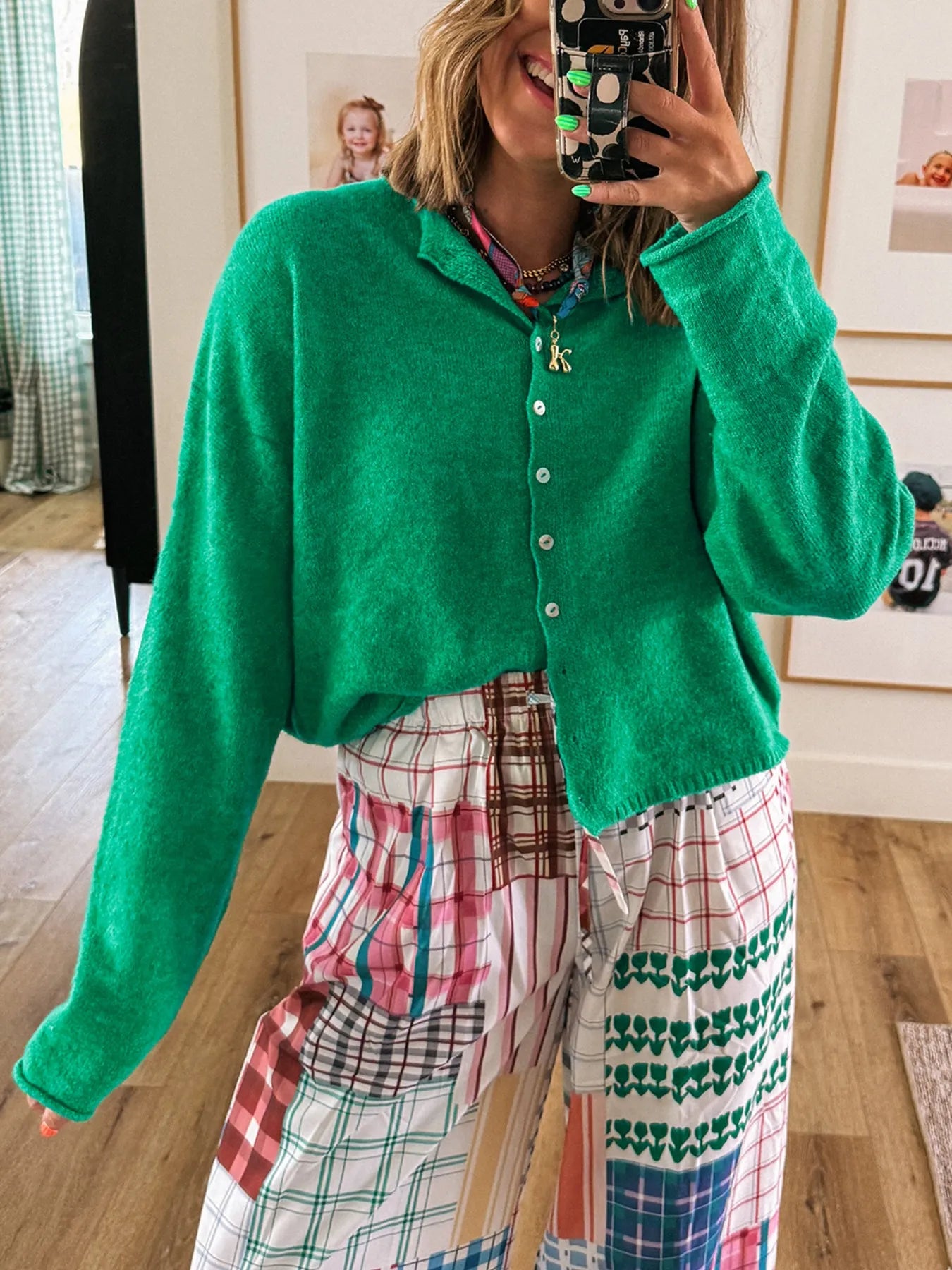 Button-Up Long Sleeve Knit Cardigan Dark Green - Fashorio